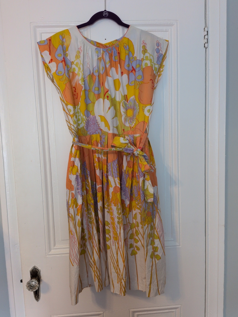 Desirable Vintage Swirl True Wrap Floral Midi Dress in Yellow, Purple, & Orange